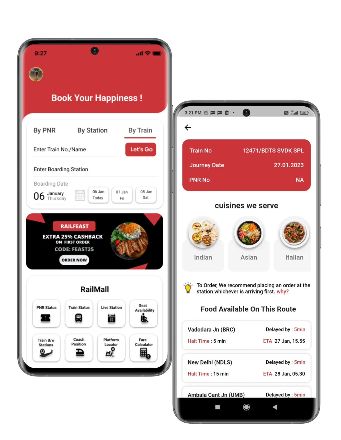 RailFeast application interface for food delivery in train